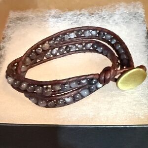Brown Beaded Wrap Bracelet with Gold Button🎁